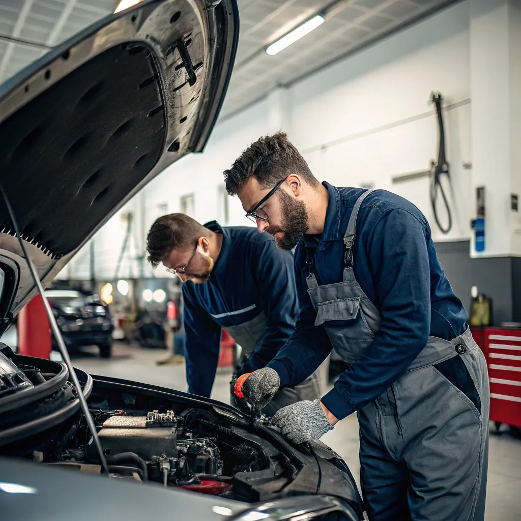 Automotive mechanics working on a car